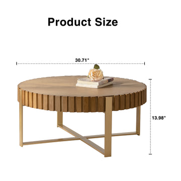 Round Two Ply Wooden Coffee Table Handcrafted Relief Design with Sturdy Pedestal and Metal Legs for Living Room