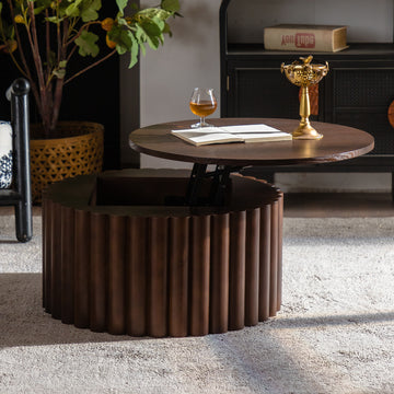 Round Coffee Table with Lift, Handcrafted Relief Wooden Tea Table for Living Room