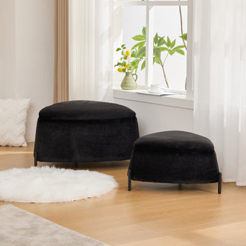 2 - Piece Upholstered Storage Ottoman Set Footrest Shoe Changing Stool with Metal Legs,Faux Fur Foot Stool Coffee Side Table With Reversible Lid for Living Room Bedroom Entryway. Black