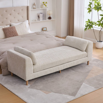 Modern Upholstered End of Bed Bench with Armrests, Chenille Chaise Lounge Couch with 2 Bolster Pillows, Daybed with Rubberwood Legs For Living Room,Bedroom,Apartment,Guestroom, Beige