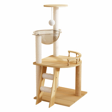 41.3 Inch Modern Cat Tower Wood Cat Tree with Scratching Posts Top Perch and Acrylic Hammock for Indoor Cats