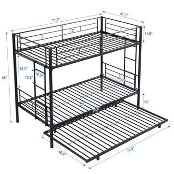 Twin Over Twin Metal Bunk Bed with Trundle Black Strong Steel Frame Easy Assembly No Box Spring Needed