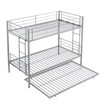 Metal Bunk Bed with Trundle Silver Twin Over Twin Strong Steel Frame Easy Assembly No Box Spring Needed