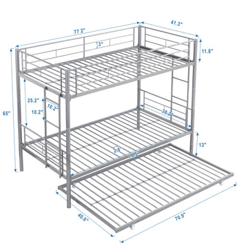 Metal Bunk Bed with Trundle Silver Twin Over Twin Strong Steel Frame Easy Assembly No Box Spring Needed