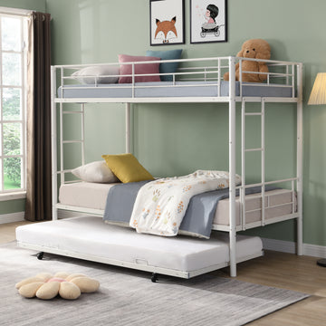 Metal Bunk Bed with Trundle, Twin Over Twin, White – No Box Spring Needed, Easy Assembly