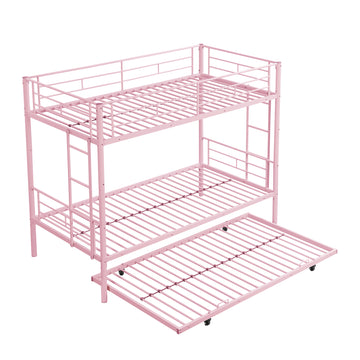 Pink Metal Triple Bunk Bed with Trundle – Twin Over Twin Over Twin