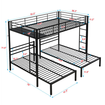 Full Over Twin Over Twin Metal Triple Bunk Bed with Vertical Ladder and Safety Rails