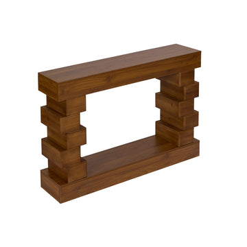 Geometric Block Stacked Wood Console Table with Warm Natural Finish for Entryway and Living Room