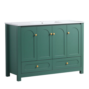 A 48-inch wide green bathroom vanity with ample storage space - a cabinet featuring 4 sliding doors and 2 drawers (excluding the ceramic basin)