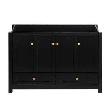 A 48-inch wide black  bathroom vanity with ample storage space - a cabinet featuring 4 sliding doors and 2 drawers (excluding the ceramic basin)