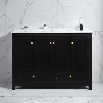 A 48-inch wide black  bathroom vanity with ample storage space - a cabinet featuring 4 sliding doors and 2 drawers (excluding the ceramic basin)