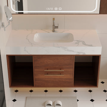 39.4In Floating Bathroom Vanity Oval Ceramic Sink Solid Wood Soft Close Drawers