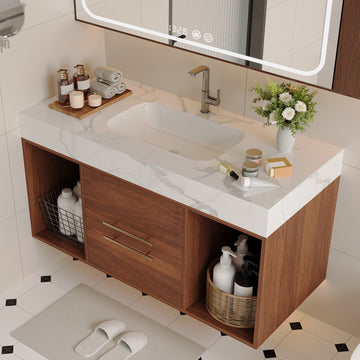 39.4In Floating Bathroom Vanity Oval Ceramic Sink Solid Wood Soft Close Drawers