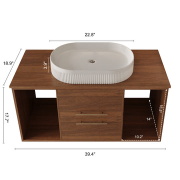 39.4In Wall Mounted Bathroom Vanity Oval Ceramic Sink Solid Wood Soft Close Drawers