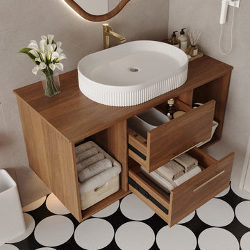 39.4In Wall Mounted Bathroom Vanity Oval Ceramic Sink Solid Wood Soft Close Drawers