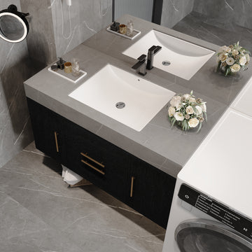 39.4In Single Contemporary Floating Vanity Faux Marble Top Ceramic Sink Solid Wood