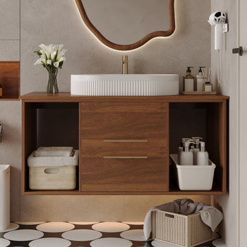 39.4In Wall Mounted Bathroom Vanity Oval Ceramic Sink Solid Wood Soft Close Drawers