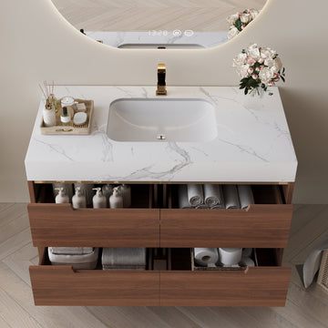 35.4In Modern Bathroom Vanity Undermount Sink Sintered Stone Top Solid Wood
