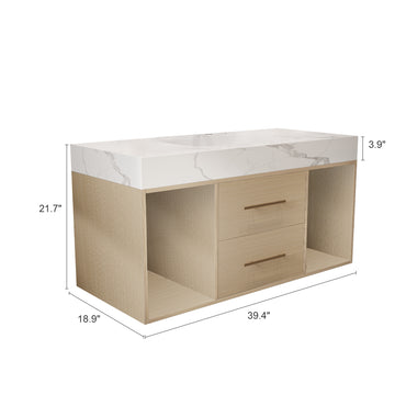 39.4In Floating Bathroom Vanity Oval Ceramic Sink Solid Wood Soft Close Drawers