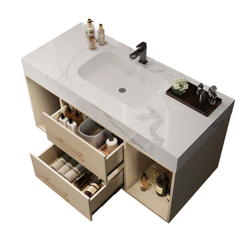 39.4In Floating Bathroom Vanity Oval Ceramic Sink Solid Wood Soft Close Drawers