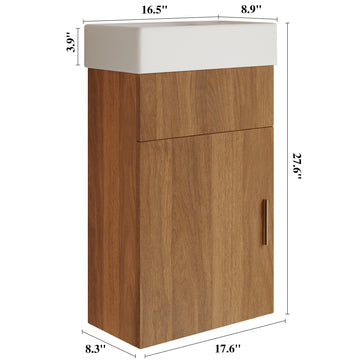 16.5In Modern Floating Bathroom Vanity Integrated Ceramic Basin Storage Rose Gold Handle