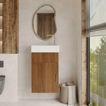 16.5In Modern Floating Bathroom Vanity Integrated Ceramic Basin Storage Rose Gold Handle