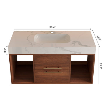 39.4In Floating Bathroom Vanity Oval Ceramic Sink Solid Wood Soft Close Drawers