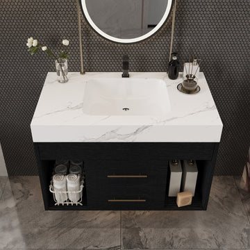 29.9" Modern Floating Bathroom Vanity with Sintered Stone Top Ceramic Undermount Sink Wall-Mounted for Small Bathrooms Apartment
