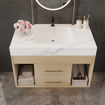 29.9" Modern Floating Bathroom Vanity with Sintered Stone Top Ceramic Undermount Sink Wall-Mounted for Small Bathrooms Apartment