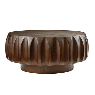 Round Solid Wood Carved Coffee Table with Ash Veneer Top and Sculptural Design