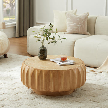Round Solid Wood Carved Coffee Table with Birch Relief Frame and Mountain Grain Veneer