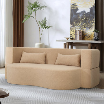 Compressed Apricot Teddy Fur Curved Sofa 2-in-1 Sofa Bed 2-Seat