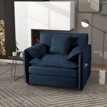 Modern Minimalist Blue Chenille Sofa with Wrapped Upholstery & Hidden Storage