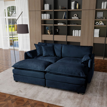 Modern Minimalist Blue Chenille Sofa with Side Storage Pockets 4-Seat