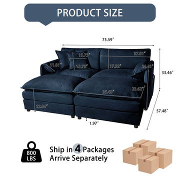 Modern Minimalist Blue Chenille Sofa with Side Storage Pockets 4-Seat