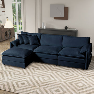 Modern Minimalist Blue Chenille Sofa with Side Storage Pockets 4-Seat