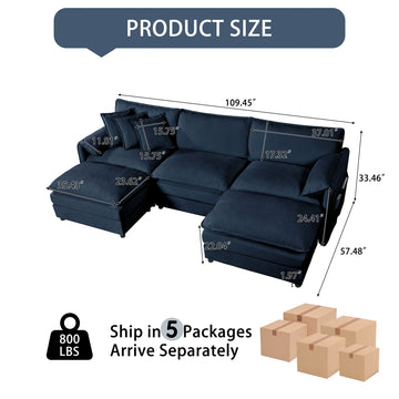 Modern Minimalist Blue Chenille Sofa with Side Storage Pockets 5-Seat