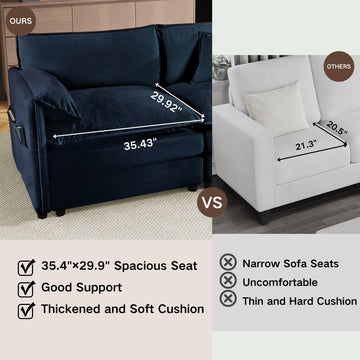 Modern Minimalist Blue Chenille Sofa with Side Storage Pockets 6-Seat