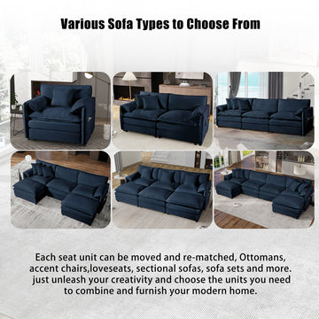 Modern Minimalist Blue Chenille Sofa with Side Storage Pockets 6-Seat