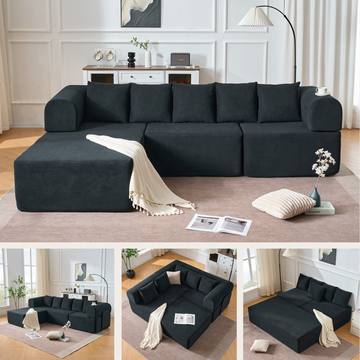 Compressed Modular Black Velvet Sofa No Assembly Required 4-Seat