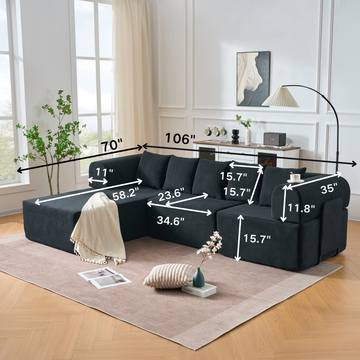 Compressed Modular Black Velvet Sofa No Assembly Required 4-Seat