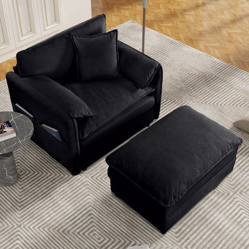 Modern Minimalist Black Chenille Sofa with Side Storage Pockets 2-Seat