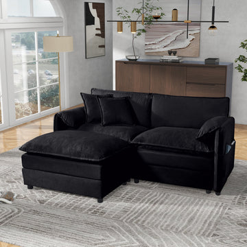 Modern Minimalist Black Chenille Sofa with Side Storage Pockets 3-Seat