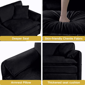 Modern Minimalist Black Chenille Sofa with Side Storage Pockets 4-Seat
