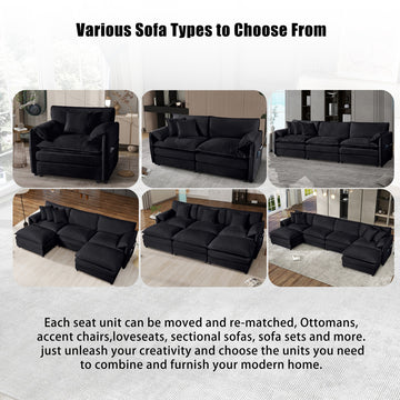 Modern Minimalist Black Chenille Sofa with Side Storage Pockets 4-Seat