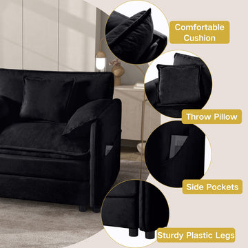 Modern Minimalist Black Chenille Sofa with Side Storage Pockets 5-Seat