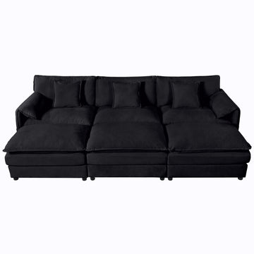 Modern Minimalist Black Chenille Sofa with Side Storage Pockets 6-Seat