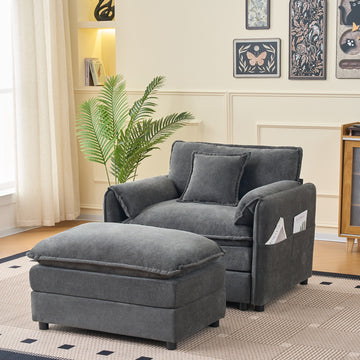 Modern Minimalist Grey Chenille Sofa with Side Storage Pockets 2-Seat