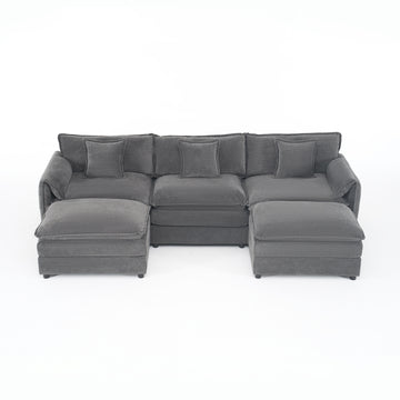 Modern Minimalist Grey Chenille Sofa with Side Storage Pockets 5-Seat