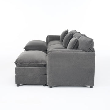 Modern Minimalist Grey Chenille Sofa with Side Storage Pockets 5-Seat